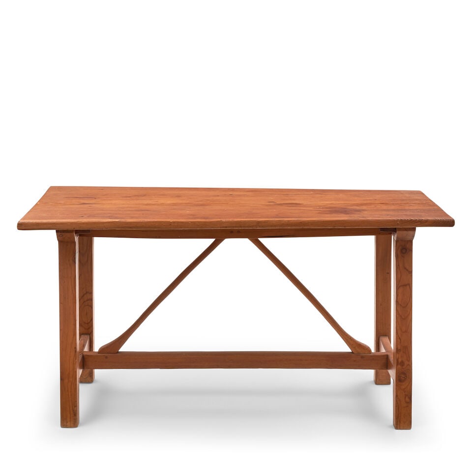 ERNEST GIMSON (1864-1919) LIBRARY TABLE England, c. 1900, oak, tenon-joined legs, 'wishbone' str... (1 of 2)