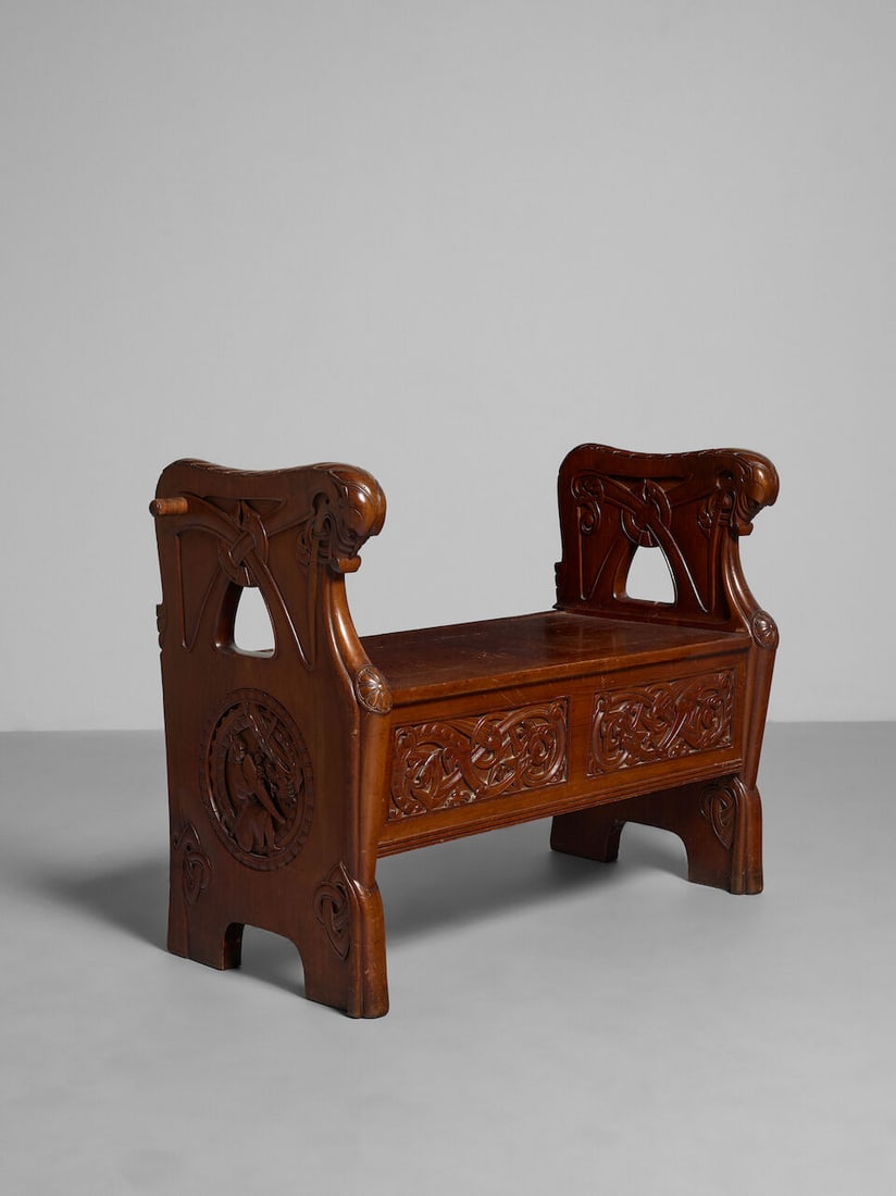 NORWEGIAN ARTS AND CRAFTS VIKING REVIVAL HALL BENCH Norway, c. 1890, carved Norwegian pine, arti... (1 of 3)