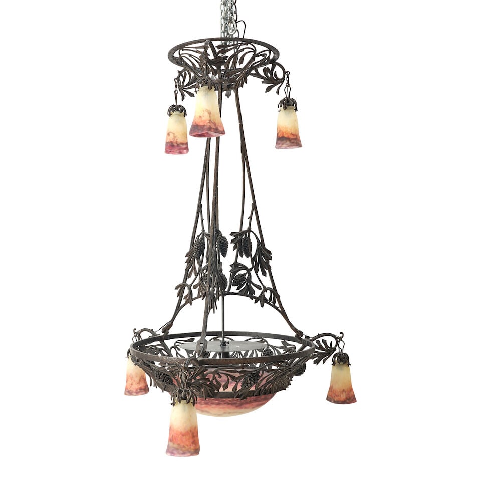 MULLER FRÈRES (1895-1933) CHANDELIER France, c. 1900, cast iron, glass, the shades acid-sta... (1 of 5)
