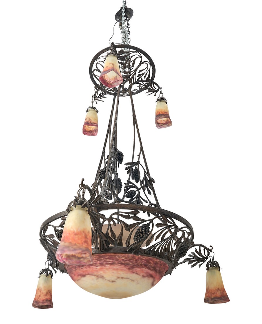 MULLER FRÈRES (1895-1933) CHANDELIER France, c. 1900, cast iron, glass, the shades acid-sta... - 5