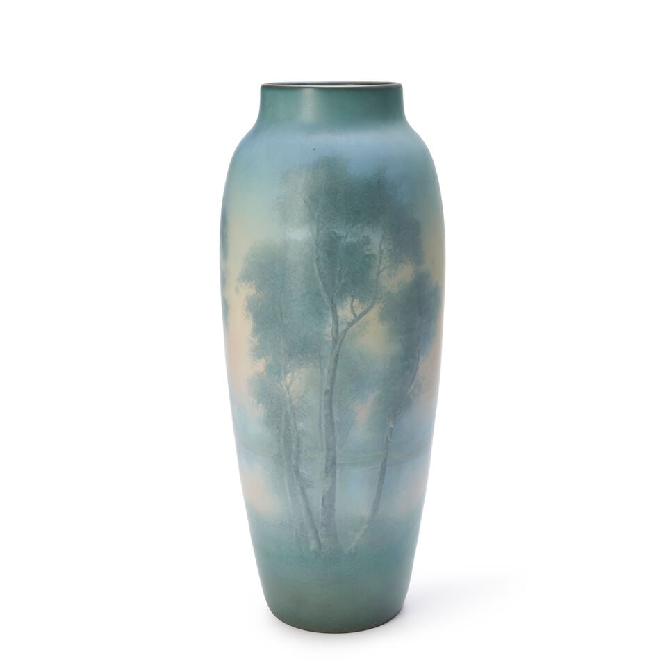 EDWARD DIERS (1871-1947) FOR ROOKWOOD POTTERY MONUMENTAL SCENIC VELLUM VASE Cincinnati, Ohio, da...: EDWARD DIERS (1871-1947) FOR ROOKWOOD POTTERY MONUMENTAL SCENIC VELLUM VASE Cincinnati, Ohio, dated 1923, impressed stamp mark 'XXIII 907A' and Rookwood Pottery flame mark, incised artist's mark 'ED,'