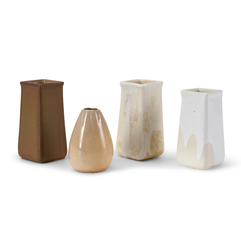 FOUR TAXILE DOAT (1851-1938) MINIATURE VASES all probably University City, Missouri, glazed porc...: FOUR TAXILE DOAT (1851-1938) MINIATURE VASES all probably University City, Missouri, glazed porcelain and stoneware, squared vase with drip glaze, marked 'U-C 1913,' ht. 3 1/4, squared vase with cryst