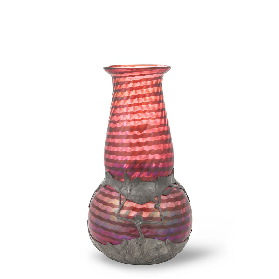 ORIVIT METAL OVERLAY GLASS VASE Cologne, Germany, Orivit Metalwarenfabrik, c. 1900, orivit metal... (1 of 4)