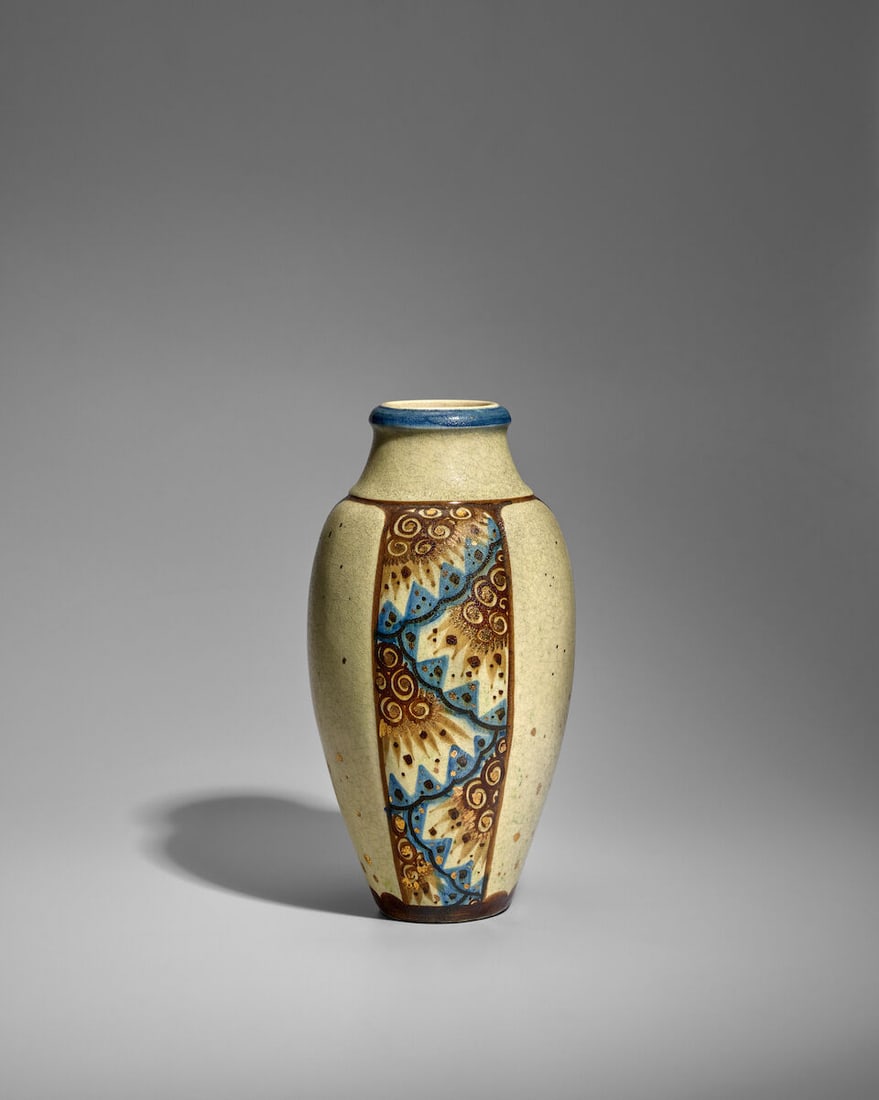 EDMOND LACHENAL (1855-1948) Vase circa 1925 glazed stoneware with gilt highlights, glaze mark 'L...: EDMOND LACHENAL (1855-1948) Vase circa 1925 glazed stoneware with gilt highlights, glaze mark 'LACHENAL Piece Unique' height 15in (38cm); diameter 7in (18cm) Footnotes: Property from the Collection of
