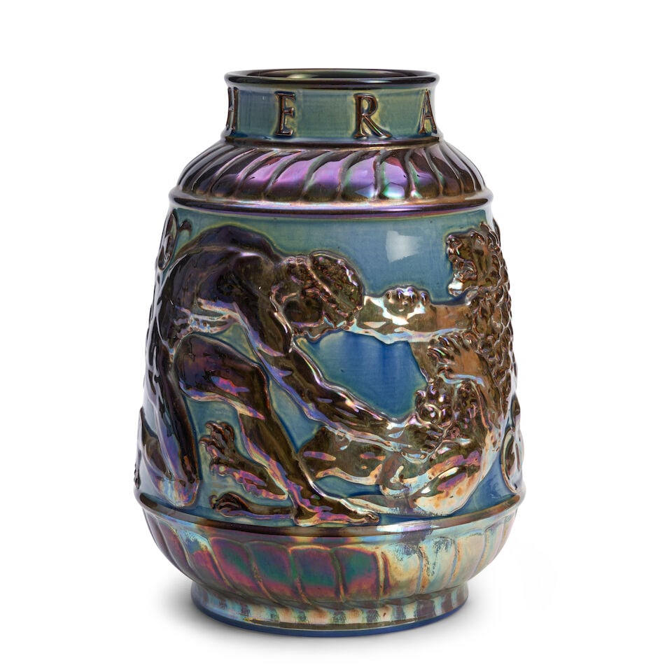 RICHARD JOYCE (1873-1931) AND GORDON FORSYTH (1879-1952) FOR PILKINGTON'S ROYAL LANCASTRIAN VASE...: RICHARD JOYCE (1873-1931) AND GORDON FORSYTH (1879-1952) FOR PILKINGTON'S ROYAL LANCASTRIAN VASE England, 1908, the relief figures depict Heracles and the Nemean lion, painted mark for Forsyth,