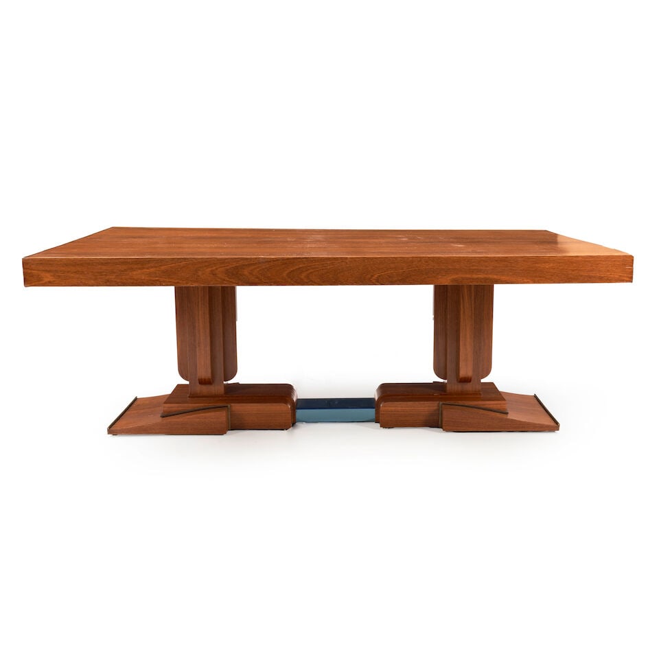 FRENCH ART DECO TWO-PEDESTAL DINING TABLE IN THE MANNER OF JEAN PASCAUD c. 1930, walnut, glass, ... (1 of 3)