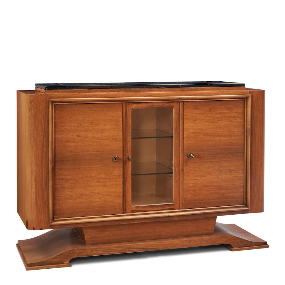 FRENCH ART DECO CABINET c. 1930, walnut veneers, nero marquina marble, glazed center door opens ... - 3