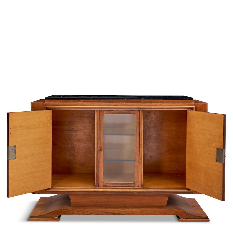 FRENCH ART DECO CABINET c. 1930, walnut veneers, nero marquina marble, glazed center door opens ... - 5