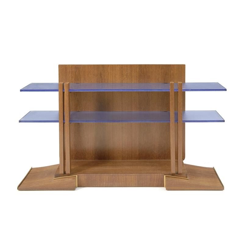 FRENCH ART DECO CONSOLE TABLE IN THE MANNER OF JEAN PASCAUD c. 1930, walnut veneer, walnut, blue...: FRENCH ART DECO CONSOLE TABLE IN THE MANNER OF JEAN PASCAUD c. 1930, walnut veneer, walnut, blue glass, unmarked, ht. 39, wd. 63 3/4, dp. 14, each shelf ht. 1 3/4, wd. 63 3/4, dp. 11 3/4 in. For furth