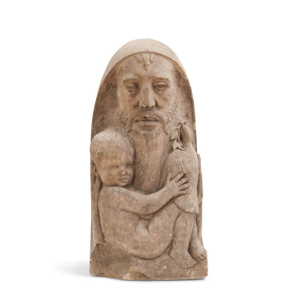 JAMES WOODFORD (1893-1976) 'PEACE (WISDOM AND YOUTH)' SCULPTURE England, c. 1950, limestone, sig...: JAMES WOODFORD (1893-1976) 'PEACE (WISDOM AND YOUTH)' SCULPTURE England, c. 1950, limestone, signed with artist's monogram proper left side, ht. 28 1/2, wd. 13 1/2, dp. 11