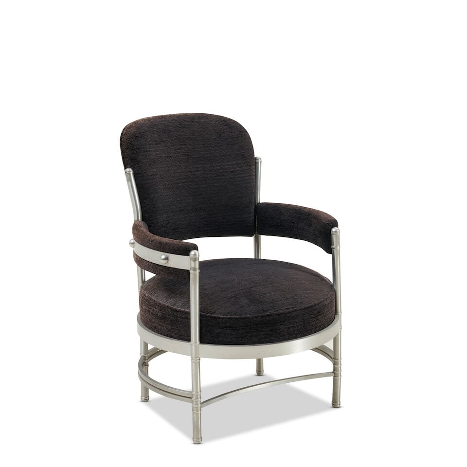 WARREN MCARTHUR (1885-1961) ARMCHAIR MODEL 1083 United States, Warren McArthur Furniture Corp., ...: WARREN MCARTHUR (1885-1961) ARMCHAIR MODEL 1083 United States, Warren McArthur Furniture Corp., c. 1935, tubular aluminum, upholstery, unmarked, but with residue where label would have been, ht. 34