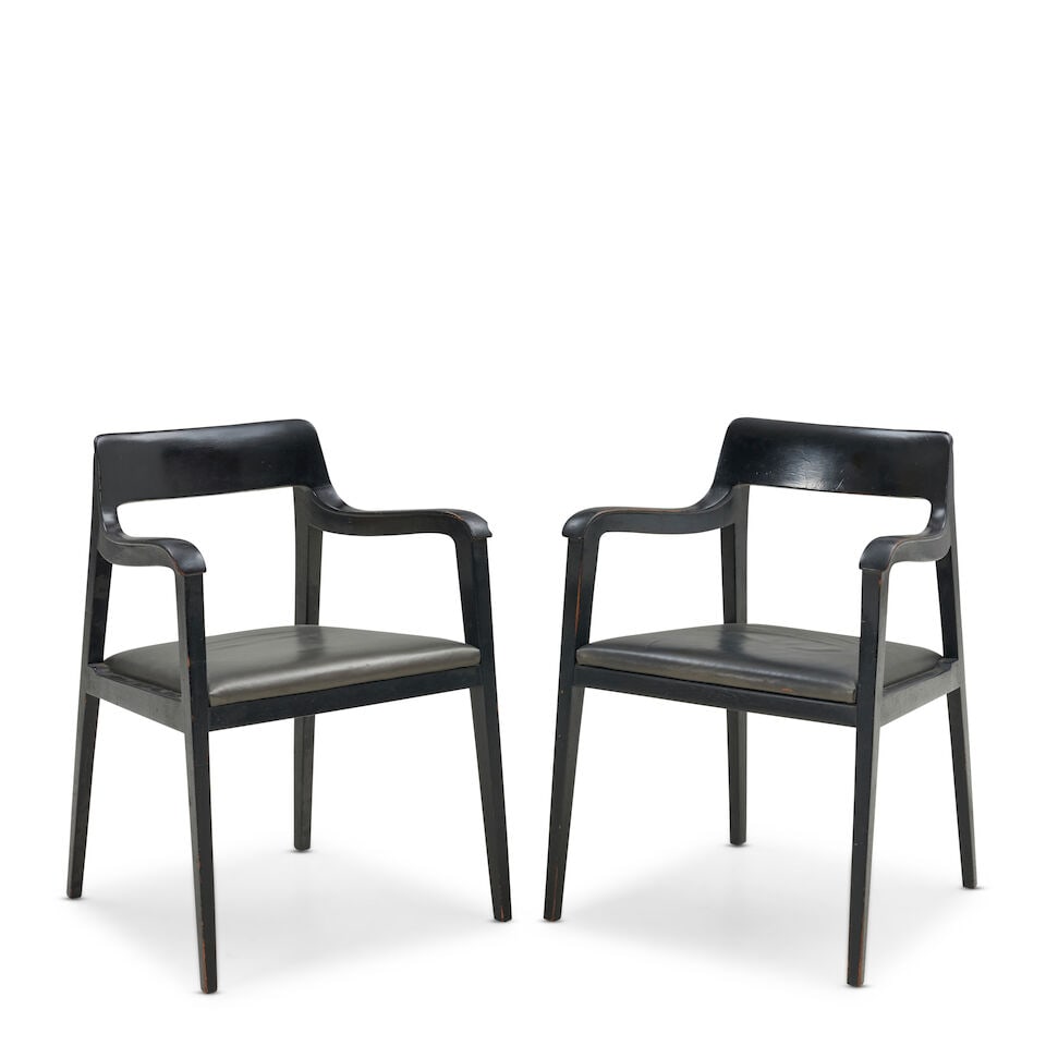 PAIR OF EDWARD WORMLEY (1907-1995) FOR DUNBAR 'RIEMERSCHMID' ARMCHAIRS Berne, Indiana, designed ...: PAIR OF EDWARD WORMLEY (1907-1995) FOR DUNBAR 'RIEMERSCHMID' ARMCHAIRS Berne, Indiana, designed c. 1950, enameled wood, leather, unmarked, ht. 30 3/4, seat ht. 19, wd. 22 3/4, dp. 19 1/4