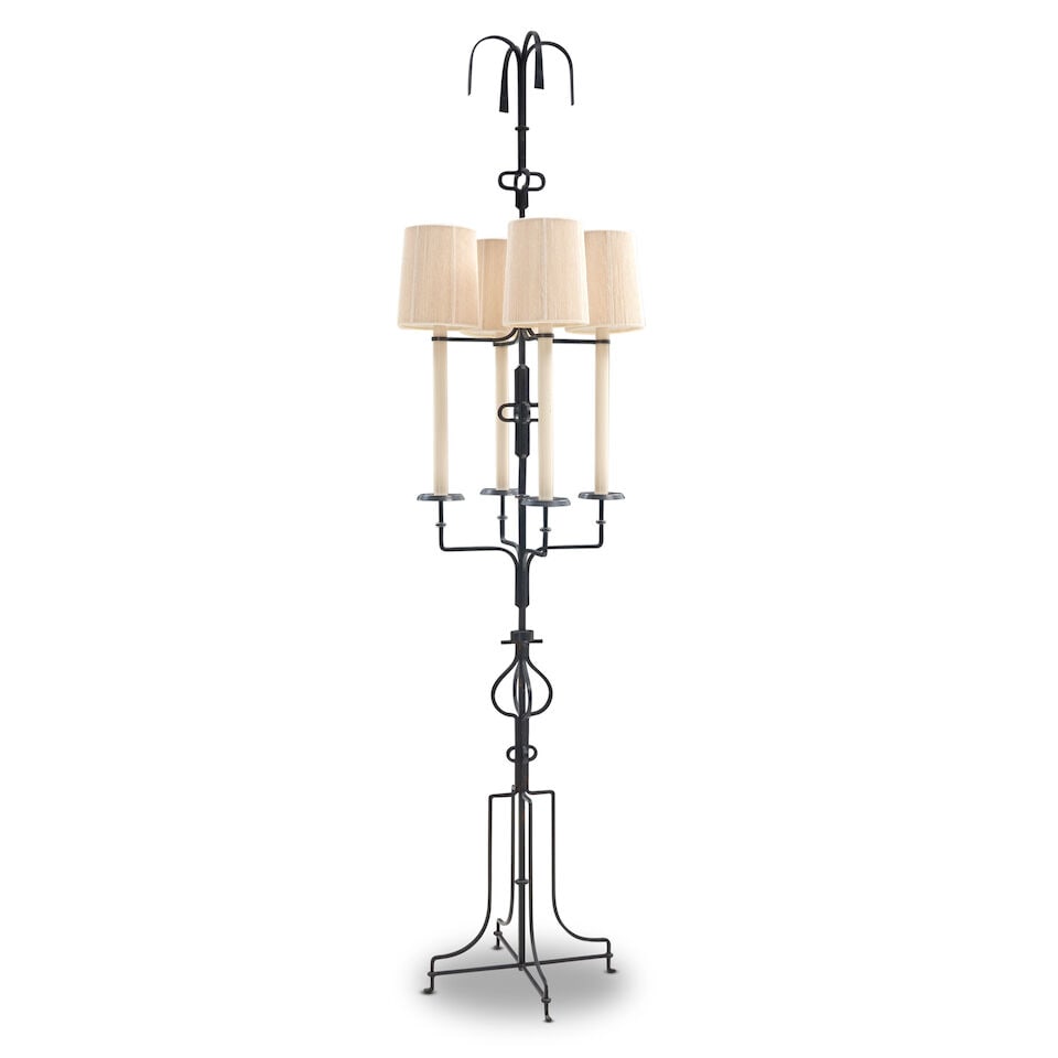TOMMI PARZINGER (1903-1981) FOR PARZINGER ORIGINALS FLOOR LAMP United States, c. 1960, enameled ...: TOMMI PARZINGER (1903-1981) FOR PARZINGER ORIGINALS FLOOR LAMP United States, c. 1960, enameled iron, four sockets, fabric and cord wrapped shades, unmarked, ht. 89 1/2 in. For further information on