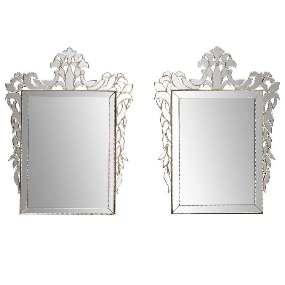 PAIR OF VENETIAN MIRRORS Italy, c. 1955, mirrored glass, wood, unmarked, ht. 52, wd. 34 1/2, dp....: PAIR OF VENETIAN MIRRORS Italy, c. 1955, mirrored glass, wood, unmarked, ht. 52, wd. 34 1/2, dp. 2 1/4 in. Footnotes: Provenance From a Long Island estate with interior by James Mont. For further