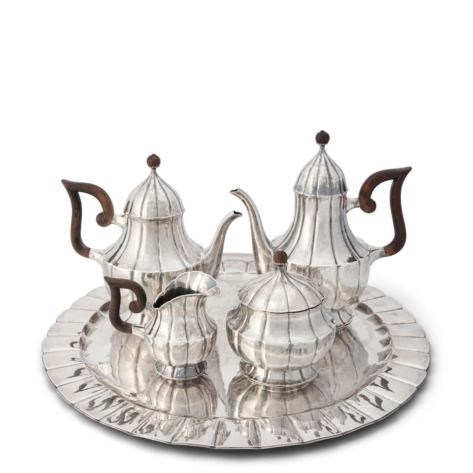 FIVE-PIECE GERMAN .900 SILVER COFFEE AND TEA SERVICE circa 1925, lacking maker's mark, in the Wi... (1 of 2)