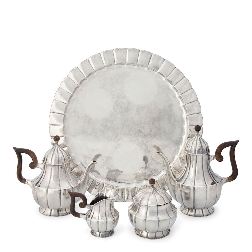 FIVE-PIECE GERMAN .900 SILVER COFFEE AND TEA SERVICE circa 1925, lacking maker's mark, in the Wi... - 2