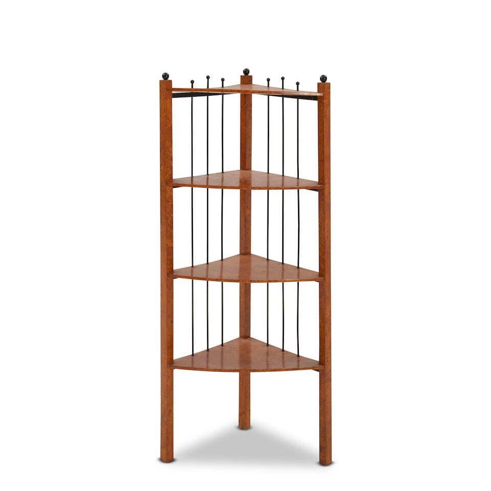 AUSTRIAN BIEDERMEIER-STYLE BURLED AND PARCEL-EBONIZED CORNER ETAGERE, circa 1920, unmarked, ht. ... (1 of 3)