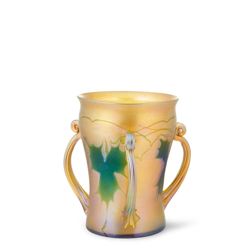 TIFFANY STUDIOS GOLD FAVRILE GLASS THREE-HANDLED VASE New York, New York, early 20th century, in... (1 of 5)
