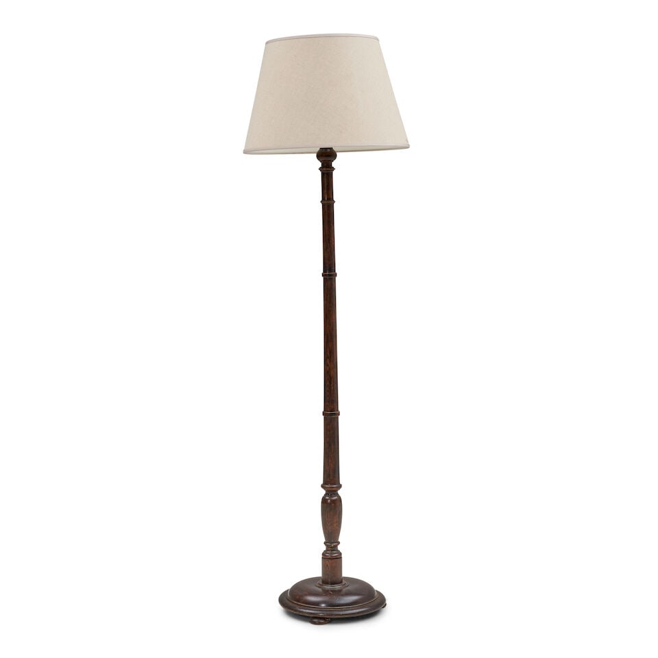 ENGLISH ART DECO FLOOR LAMP c. 1930, mahogany, single three-way socket, fabric over paper shade,... (1 of 2)