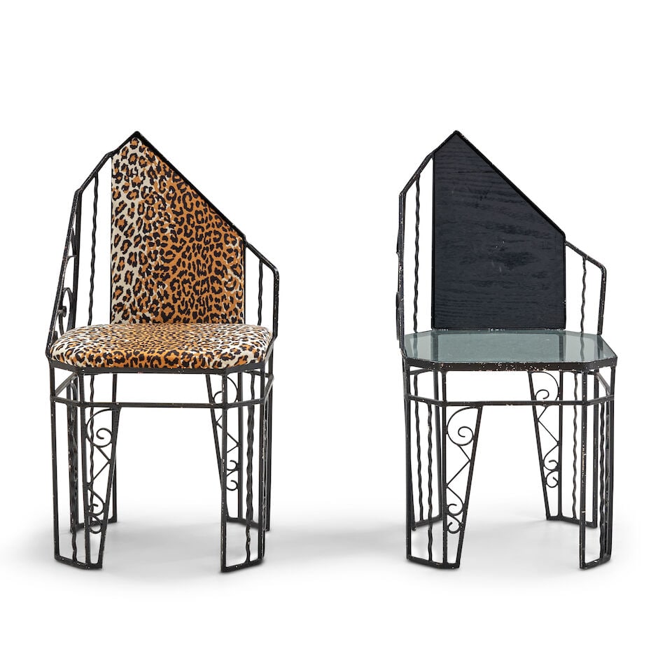 PAIR OF FRENCH ART DECO WROUGHT IRON CHAIRS France, wrought iron, plywood, glass, chair ht. 35 1... (1 of 2)