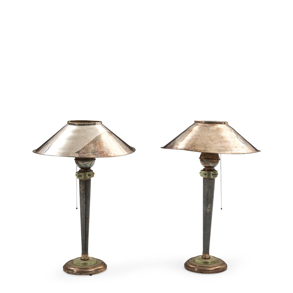 PAIR OF ART DECO TABLE LAMPS c. 1930, chromed metal, glass, shagreen, unmarked, each with five b... (1 of 1)