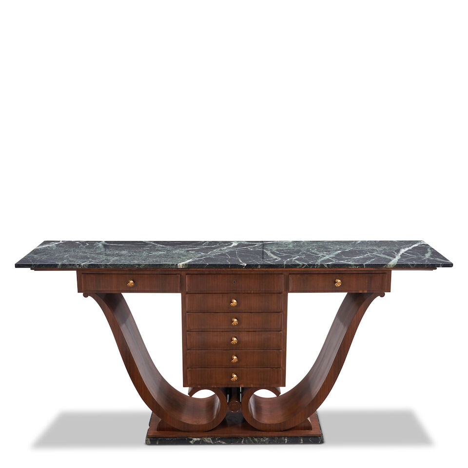 JULES LELEU (1883-1961) CONSOLE TABLE France, c. 1940, rosewood veneer, oak secondary wood, gilt... (1 of 3)