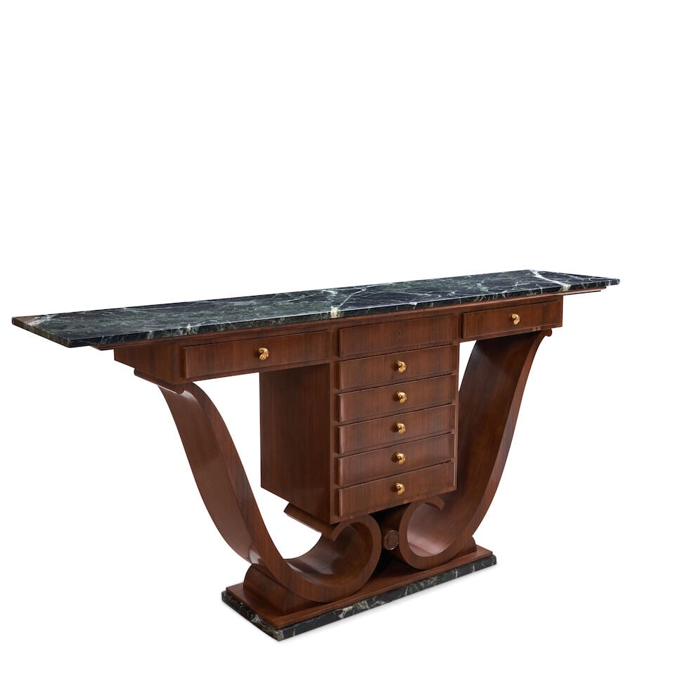 JULES LELEU (1883-1961) CONSOLE TABLE France, c. 1940, rosewood veneer, oak secondary wood, gilt... - 2