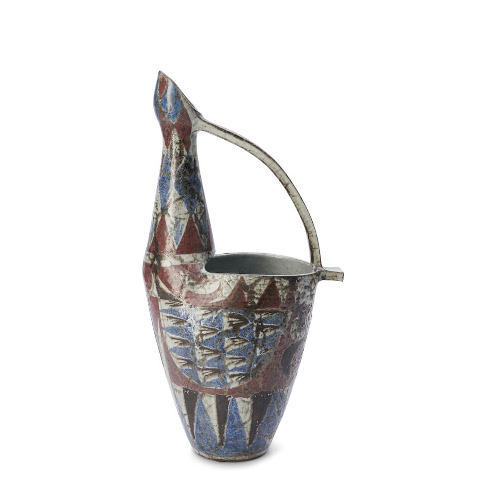 JEAN DERVAL (1925-2010) EWER Vallauris, France, c. 1955, glazed ceramic, incised mark 'Jean Derv...: JEAN DERVAL (1925-2010) EWER Vallauris, France, c. 1955, glazed ceramic, incised mark 'Jean Derval Vallauris' and logo, ht. 21 3/4 in. Footnotes: Private Collection, St. Louis, Missouri. For further