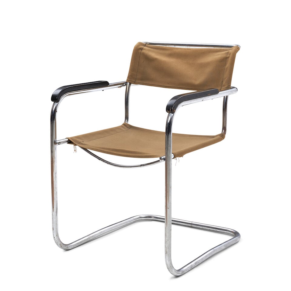MARCEL BREUER (1902-1981) CANTILEVERED ARMCHAIR Hungry/Austria, designed 1928, chromed steel, ca...: MARCEL BREUER (1902-1981) CANTILEVERED ARMCHAIR Hungry/Austria, designed 1928, chromed steel, canvas, enameled wood, unmarked, ht. 32 1/2, seat ht. 19, wd. 21 1/2, dp. 22 1/2 in. For further