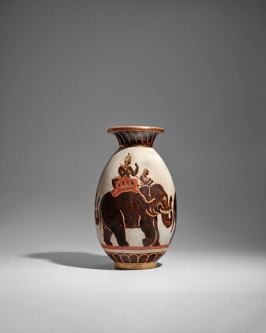 RENÉ BUTHAUD (1886-1986) Vase1925craquelure glazed stoneware with gilt highlights, glaze ma...: RENÉ BUTHAUD (1886-1986) Vase 1925 craquelure glazed stoneware with gilt highlights, glaze mark 'RB' height 14in (36cm); diameter 7 3/4in (19.5cm) Footnotes: Property from the Collection of Susan