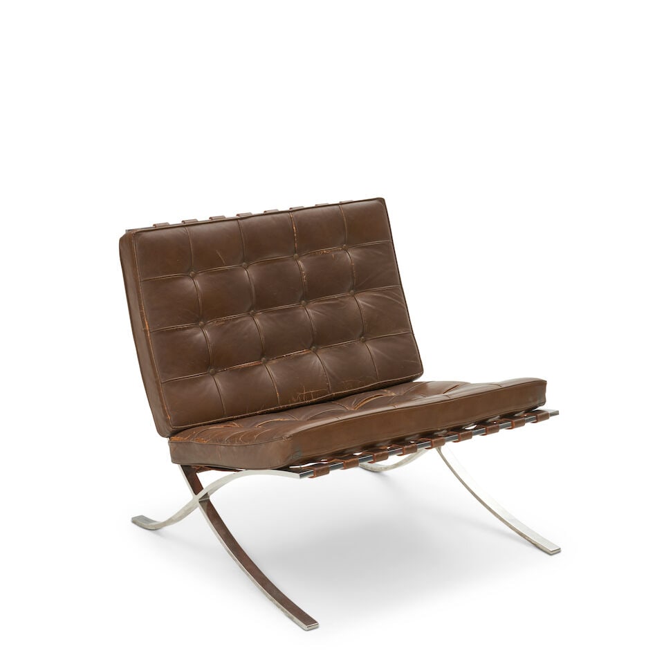 LUDWIG MIES VAN DER ROHE (1886-1969) FOR KNOLL ASSOCIATES 'BARCELONA' CHAIR United States, desig...: LUDWIG MIES VAN DER ROHE (1886-1969) FOR KNOLL ASSOCIATES 'BARCELONA' CHAIR United States, designed 1929, c. 1965 production, stainless steel, leather, product content label with 320 Park Avenue