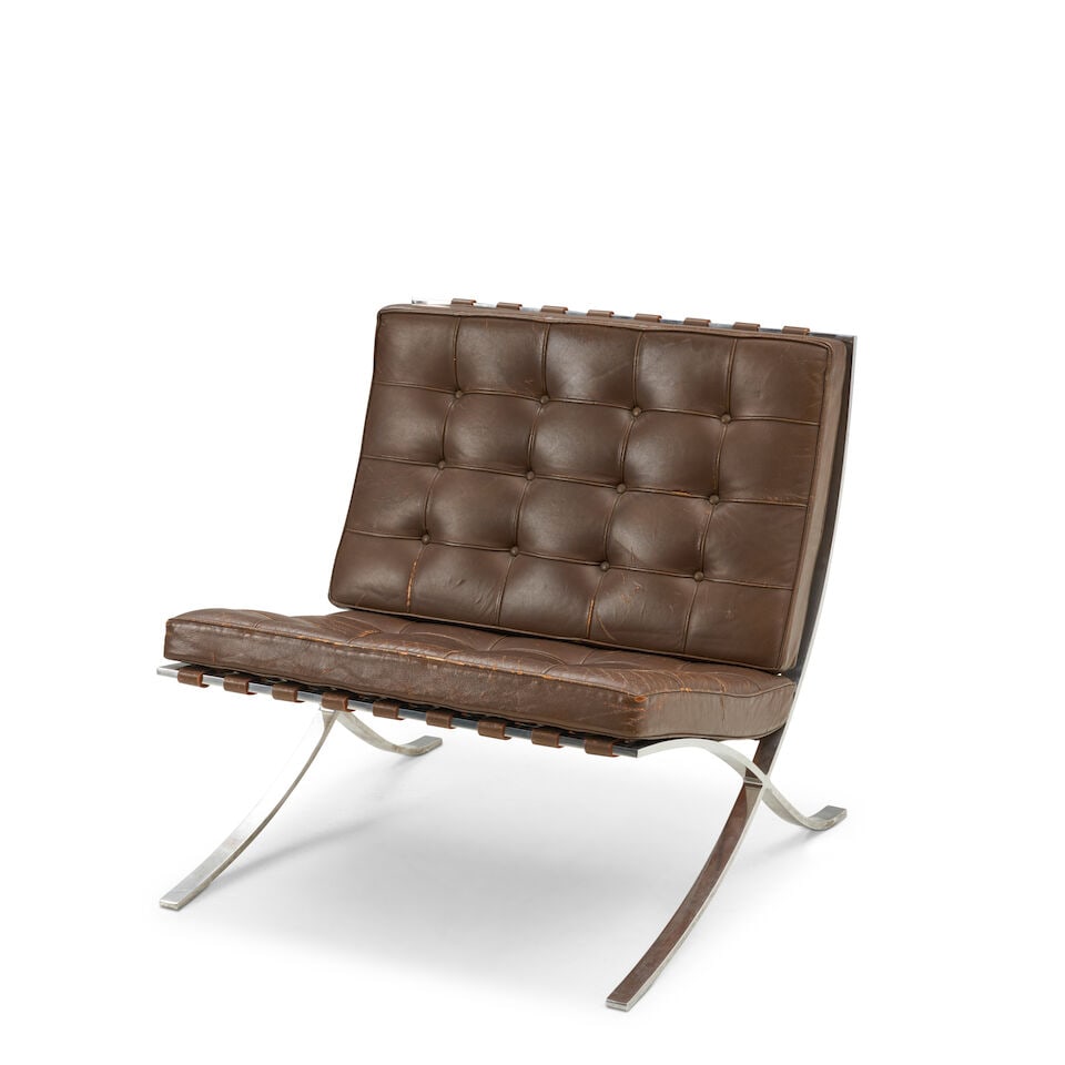 LUDWIG MIES VAN DER ROHE (1886-1969) FOR KNOLL ASSOCIATES 'BARCELONA' CHAIR United States, desig...: LUDWIG MIES VAN DER ROHE (1886-1969) FOR KNOLL ASSOCIATES 'BARCELONA' CHAIR United States, designed 1929, 1960's production, stainless steel, leather, unmarked, ht. 30, seat ht. 17, wd. 30, dp. 29 in.
