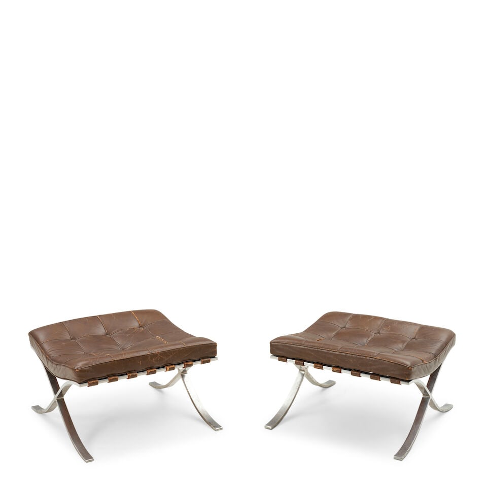 TWO LUDWIG MIES VAN DER ROHE (1886-1969) FOR KNOLL ASSOCIATES 'BARCELONA' OTTOMANS United States...: TWO LUDWIG MIES VAN DER ROHE (1886-1969) FOR KNOLL ASSOCIATES 'BARCELONA' OTTOMANS United States, designed 1929, 1960's production, stainless steel, leather, one content label with 575 Madison Avenue