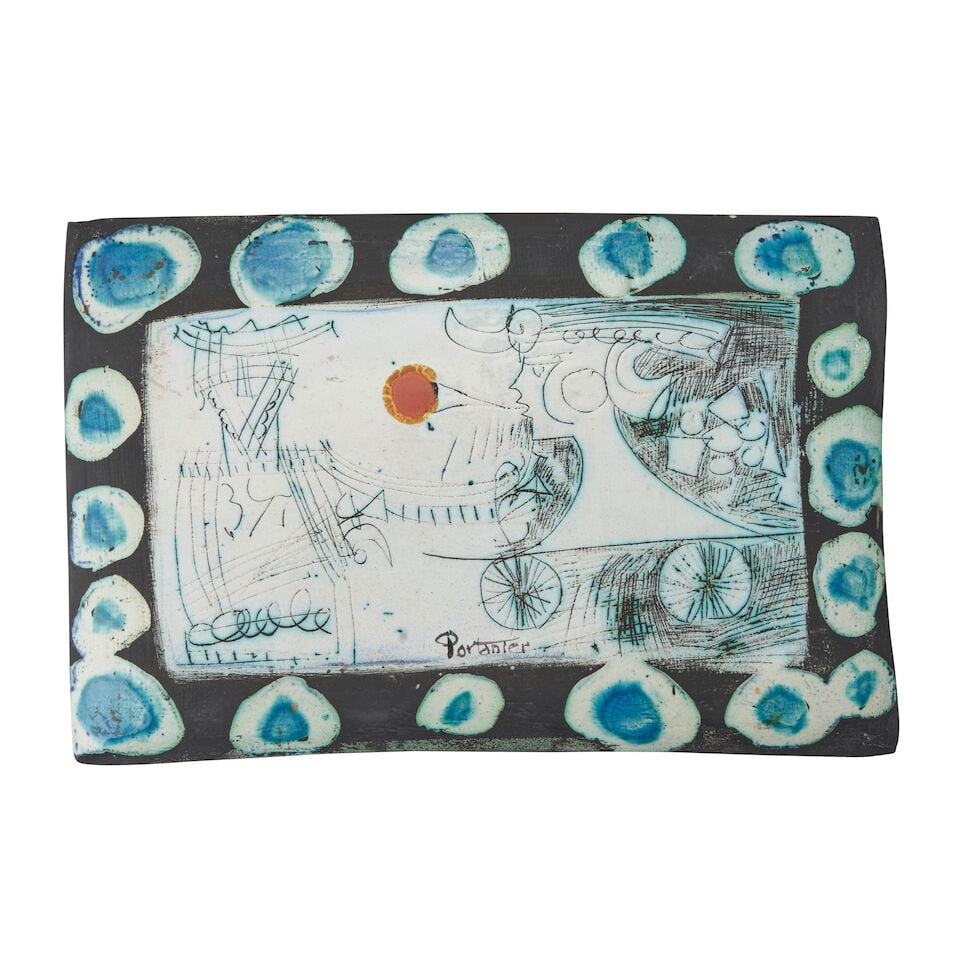 GILBERT PORTANIER (1926-2023) PLAQUE Vallauris, France, c. 1970, incised and enameled earthenwar...: GILBERT PORTANIER (1926-2023) PLAQUE Vallauris, France, c. 1970, incised and enameled earthenware, signed 'Portanier,' ht. 9, wd. 13 1/2 in. Footnotes: Private Collection, St. Louis, Missouri. For