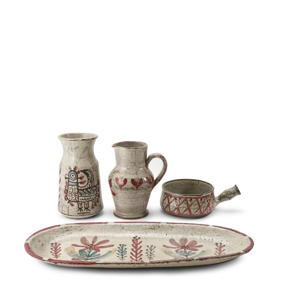 FOUR GUSTAVE REYNAUD (1915-1972) TABLEWARE ITEMS Vallauris, L'Atelier du Murier, c. 1960, glazed...: FOUR GUSTAVE REYNAUD (1915-1972) TABLEWARE ITEMS Vallauris, L'Atelier du Murier, c. 1960, glazed ceramic, all with painted floral mark, bowl with handle, ht. 3 1/8, pitcher, ht. 8 3/8, vase, ht. 9