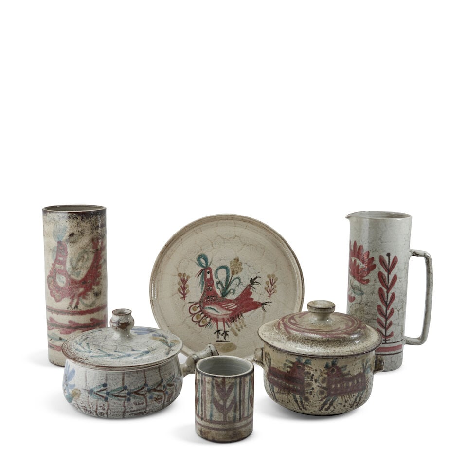 SIX GUSTAVE REYNAUD (1915-1972) VESSELS Vallauris, France, c. 1960 glaze ceramic, casserole, pai...: SIX GUSTAVE REYNAUD (1915-1972) VESSELS Vallauris, France, c. 1960 glaze ceramic, casserole, painted floral logo, ht. 6 7/8, dia. 7 3/4, casserole with handle, incised floral logo, ht. 6 1/4, small