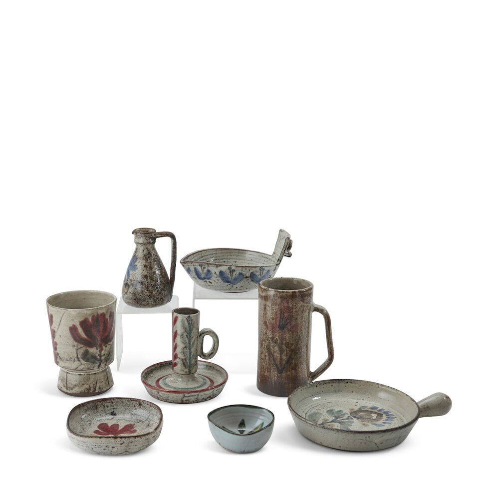 EIGHT GUSTAVE REYNAUD (1915-1972) ITEMS Vallauris, c. 1960, glazed earthenware, all with maker's...: EIGHT GUSTAVE REYNAUD (1915-1972) ITEMS Vallauris, c. 1960, glazed earthenware, all with maker's floral logo, dish with spout, ht. 3 5/8, dish with handle, dia. 7 1/8, candlestick, ht. 5 1/4, tall
