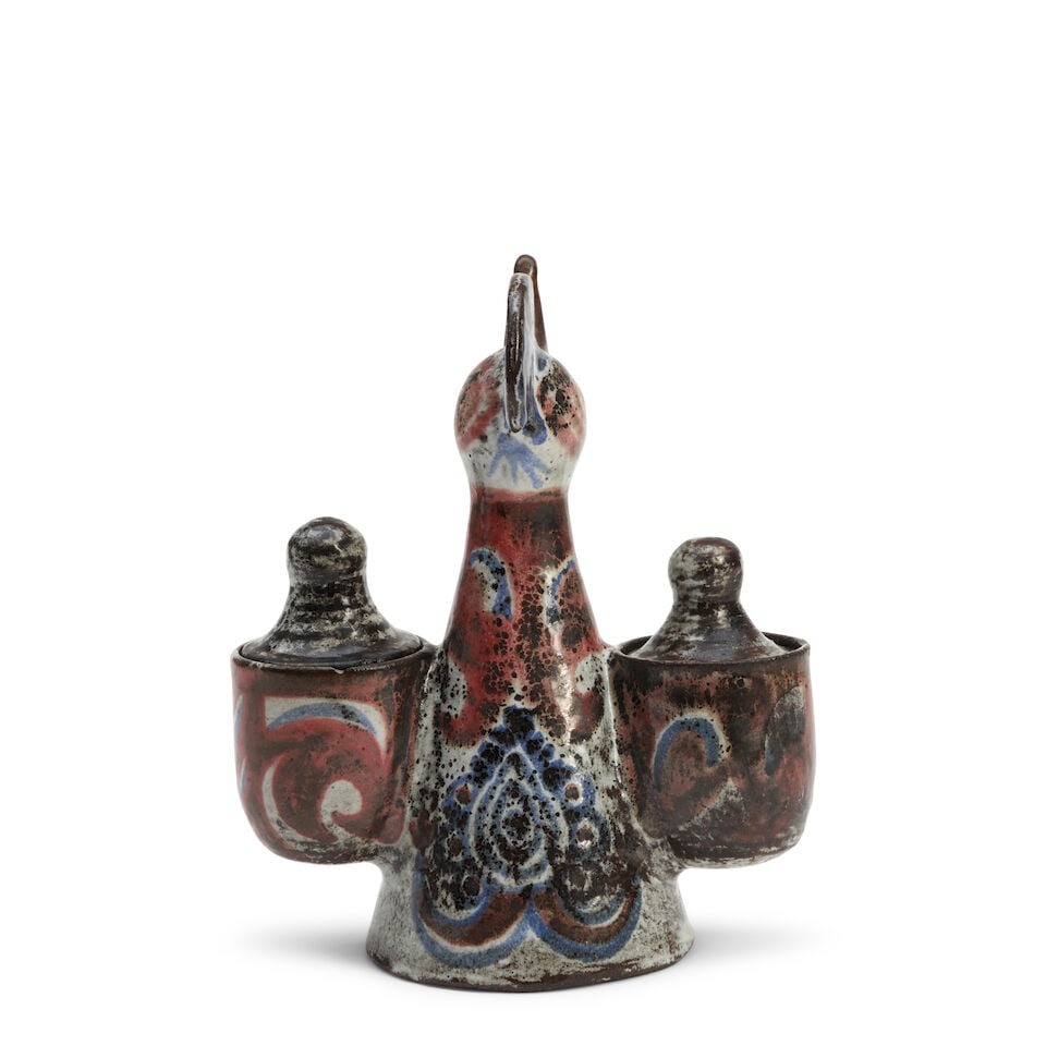 JEAN DERVAL (1925-2010) BIRD-FORM CONDIMENT SERVER France, c. 1955, glazed stoneware, painted ma... - 3