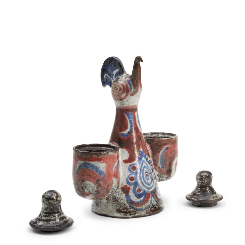 JEAN DERVAL (1925-2010) BIRD-FORM CONDIMENT SERVER France, c. 1955, glazed stoneware, painted ma... - 4