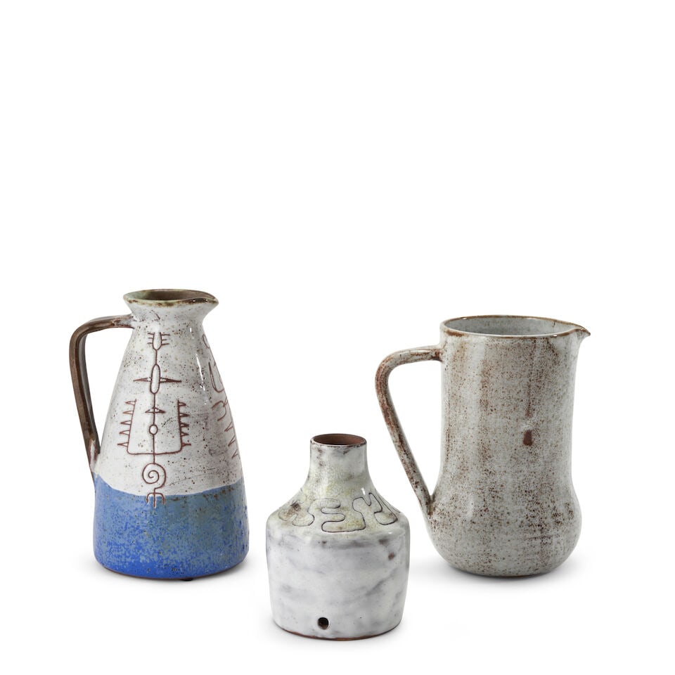 THREE JEAN RIVIER (1915-2017) ITEMS Vallauris, c. 1955, glazed ceramic, small lamp base with pre... - 3