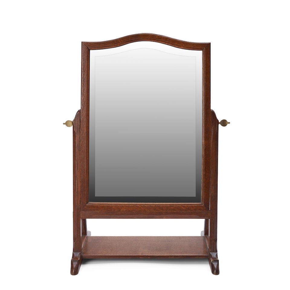 ERNEST GIMSON (1864-1919) DRESSER MIRROR England, c. 1910, oak, mirrored plate, brass, pine seco...: ERNEST GIMSON (1864-1919) DRESSER MIRROR England, c. 1910, oak, mirrored plate, brass, pine secondary wood, unmarked, ht. 24 1/4, wd. 17 3/4, dp. 10 1/2 in. Footnotes: Purchased at Haslam & Whiteway,