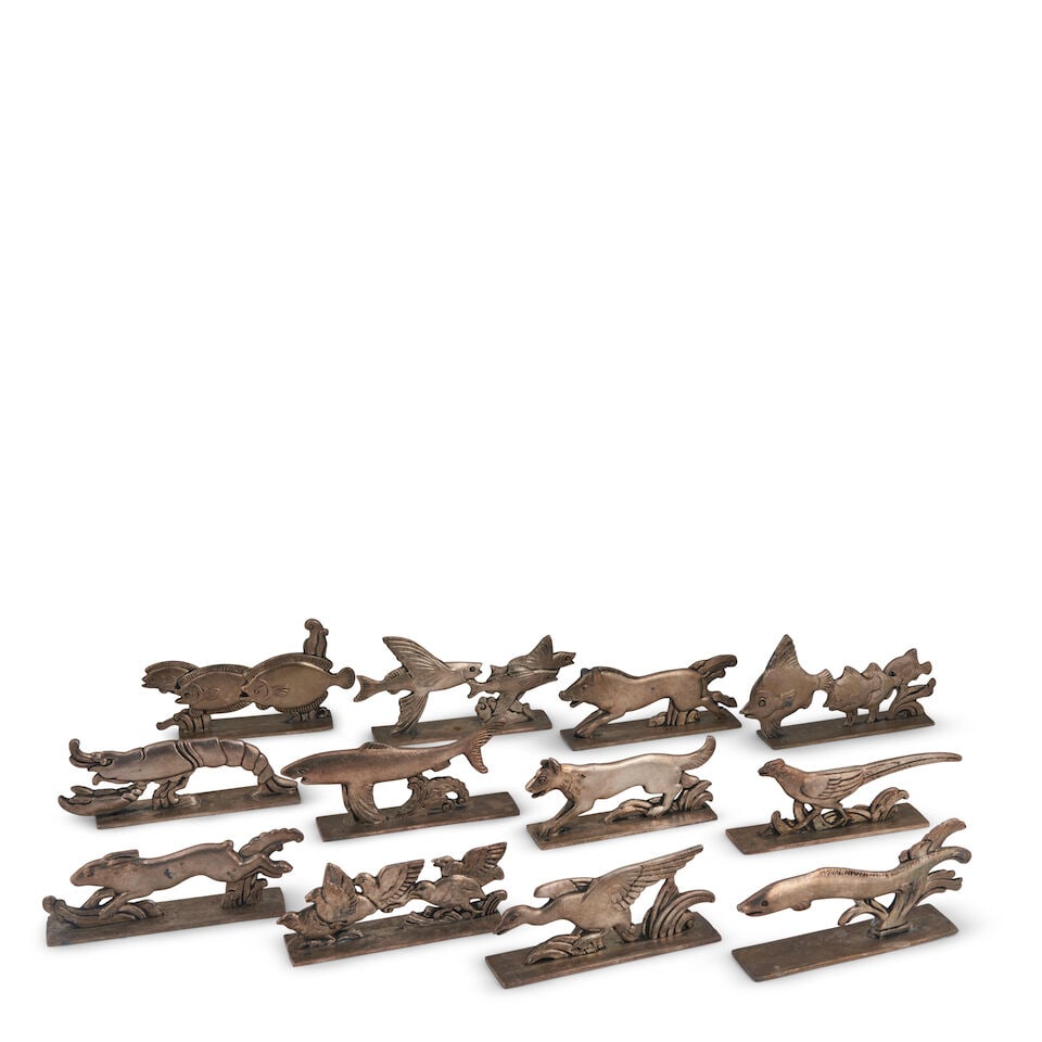 TWELVE ORBRILLE SILVER PLATE ANIMAL-FORM KNIFE RESTS France, c. 1930, impressed stamp marks 'Orb...: TWELVE ORBRILLE SILVER PLATE ANIMAL-FORM KNIFE RESTS France, c. 1930, impressed stamp marks 'Orbrille,' ht. 1 1/4 to 2 1/8 in. Footnotes: Private Collection, St. Louis, Missouri. For further informati