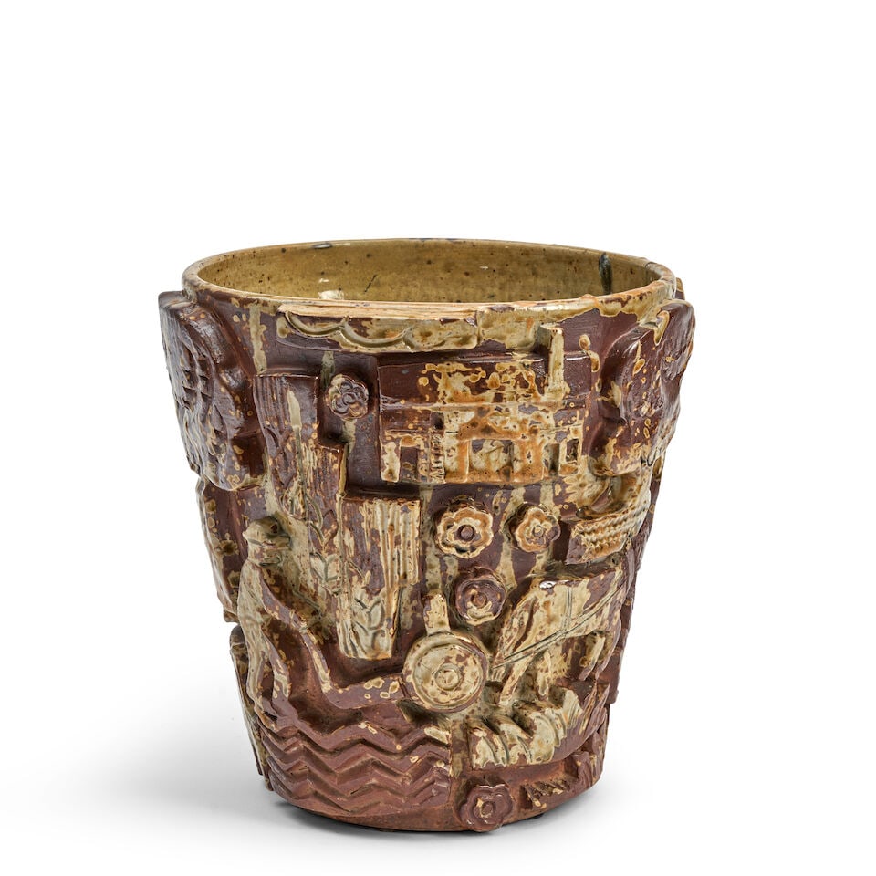 JEAN LERAT (1913-1992) VASE WITH FIGURES ENGAGED IN RURAL ACTIVITIES La Borne, France, dated 19...: JEAN LERAT (1913-1992) VASE WITH FIGURES ENGAGED IN RURAL ACTIVITIES La Borne, France, dated 1942, carved and glazed ceramic, incised mark 'La Borne J. Lerat 1942 No. 284,' ht. 11 1/2, dia. 11 1/2