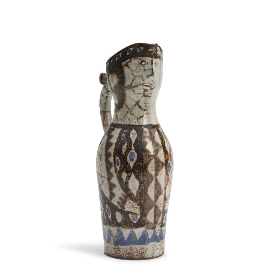 JEAN DERVAL (1925-2010) FIGURAL PITCHER France, c. 1955, glazed stoneware, painted mark 'JD,' ht...: JEAN DERVAL (1925-2010) FIGURAL PITCHER France, c. 1955, glazed stoneware, painted mark 'JD,' ht. 11 3/4 in. Footnotes: Private Collection, St. Louis, Missouri. For further information on this lot