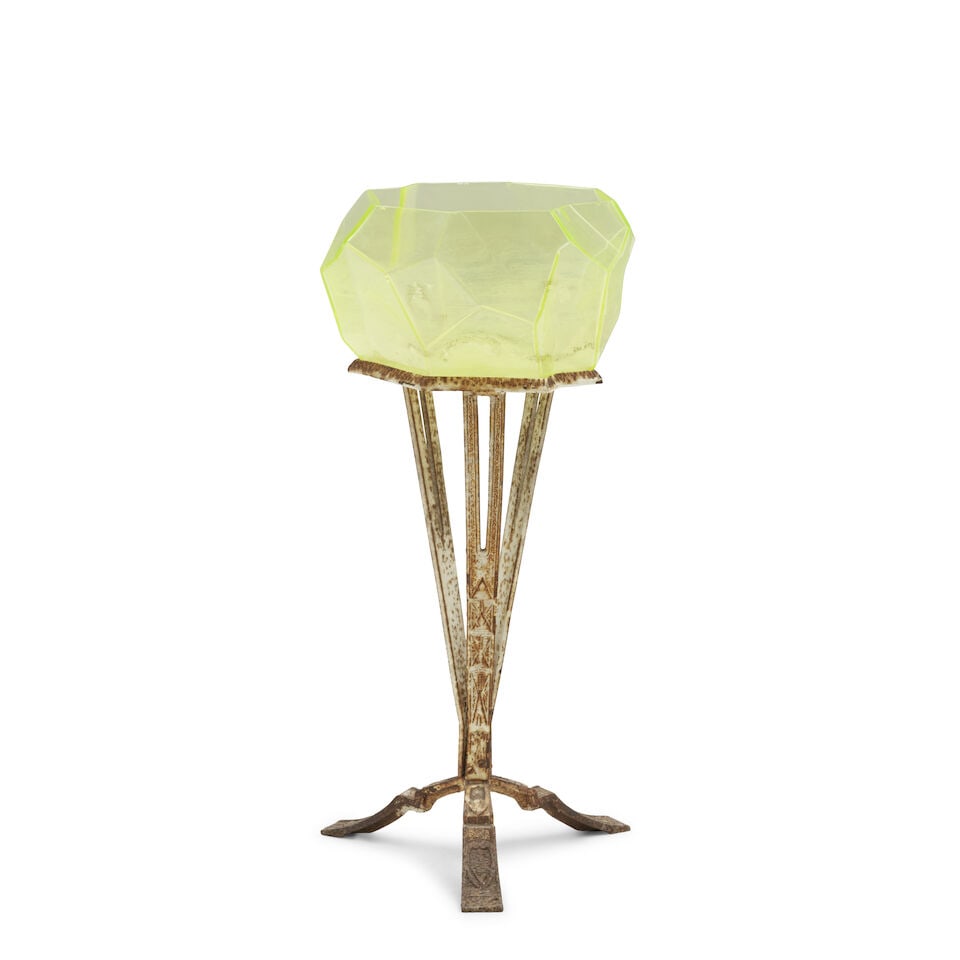 THOMAS W. MCCREARY FOR HOWELL CO. AND PHOENIX GLASS 'RUBA ROMBIC' AQUARIUM AND STAND United Stat...: THOMAS W. MCCREARY FOR HOWELL CO. AND PHOENIX GLASS 'RUBA ROMBIC' AQUARIUM AND STAND United States, c. 1935, mold-blown glass, cast iron, partly obscured mark on stand ''W.H. Howell Co. Geneva, Ill,