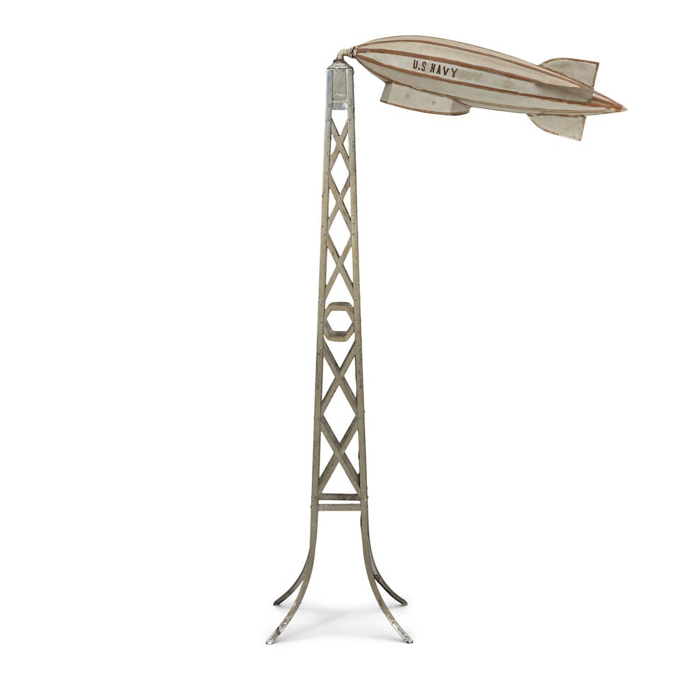 ZEPPELIN-FORM FLOOR LAMP Brooklyn, New York, patented 1931 by Lorenzo Cecio and Salvatore Buonam...: ZEPPELIN-FORM FLOOR LAMP Brooklyn, New York, patented 1931 by Lorenzo Cecio and Salvatore Buonamano, enameled steel, single socket, impressed stamped mark 'Pat. 39178. Aug. 18 1931,' mooring mast ht.