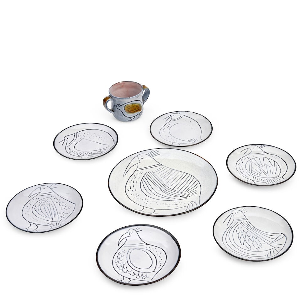 EIGHT PIECES OF JACQUES INNOCENTI (1926-1958) TABLEWARE Vallauris, France, c. 1950, glazed ceram...: EIGHT PIECES OF JACQUES INNOCENTI (1926-1958) TABLEWARE Vallauris, France, c. 1950, glazed ceramic, platter, mark 'J. Innocenti Vallauris,' dia. 11, six plates, marks 'J-I,' dia. 7, two-handled cup,