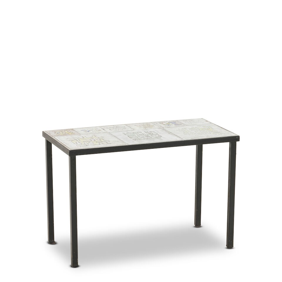 JEAN RIVIER (1915-2017) TILE-TOP TABLE France, c. 1955, glazed ceramic, steel, ht. 16, wd. 24 1/... (1 of 3)