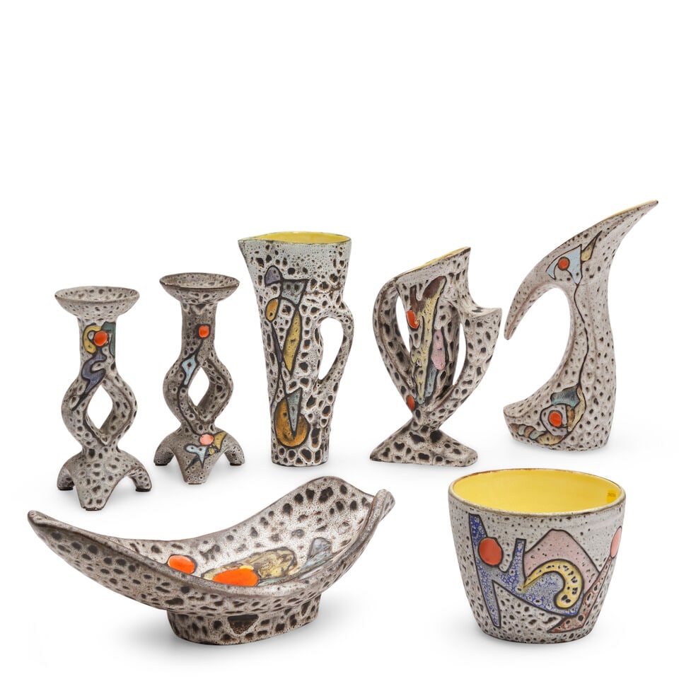 SEVEN MARIUS BESSONE (1929-2001) TABLEWARES Vallauris, France, c. 1960, glazed ceramic, enamels,... (1 of 2)