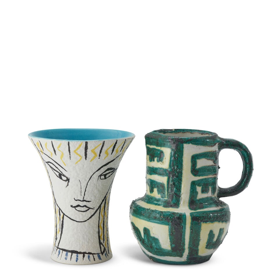 TWO JACQUE SAGAN (B. 1927) VESSELS Vallauris, France, c. 1955, glazed earthenware, pitcher, pain... (1 of 2)